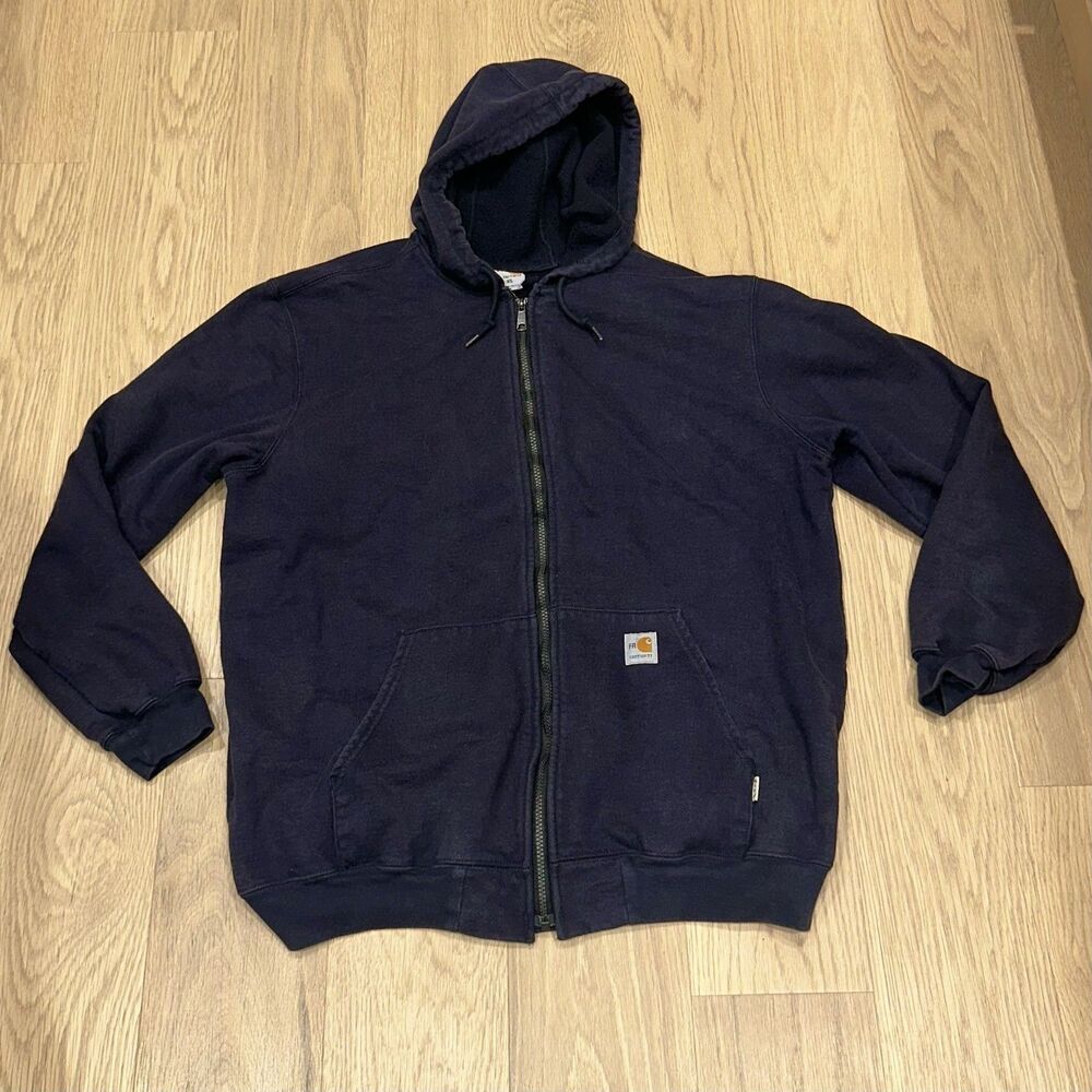 Carhartt FR Full Zip Hoodie Vintage Navy Blue Mens XL Faded